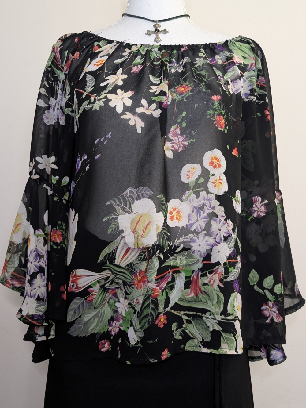 Sheer Black Floral Ruffled Sleeve Blouse